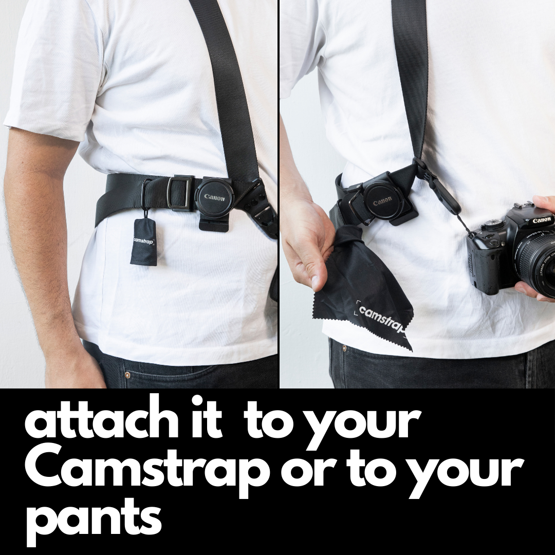 Camstrap Mikrofaser-Objektivreinigungstuch beim Reinigen der Frontlinse eines DSLR-Objektivs.