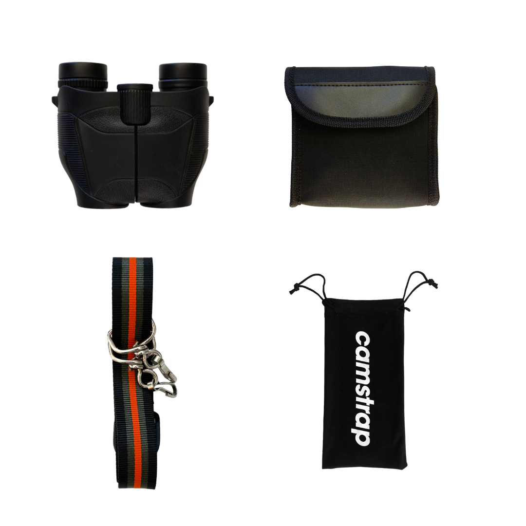 Black Hands-Free Binoculars - Ultra-light and compact high quality binoculars for adults and children with Camstrap hands-free strap
