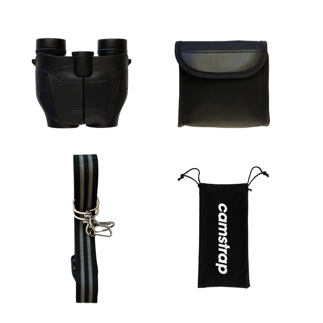 Black Hands-Free Binoculars - Ultra-light and compact high quality binoculars for adults and children with Camstrap hands-free strap
