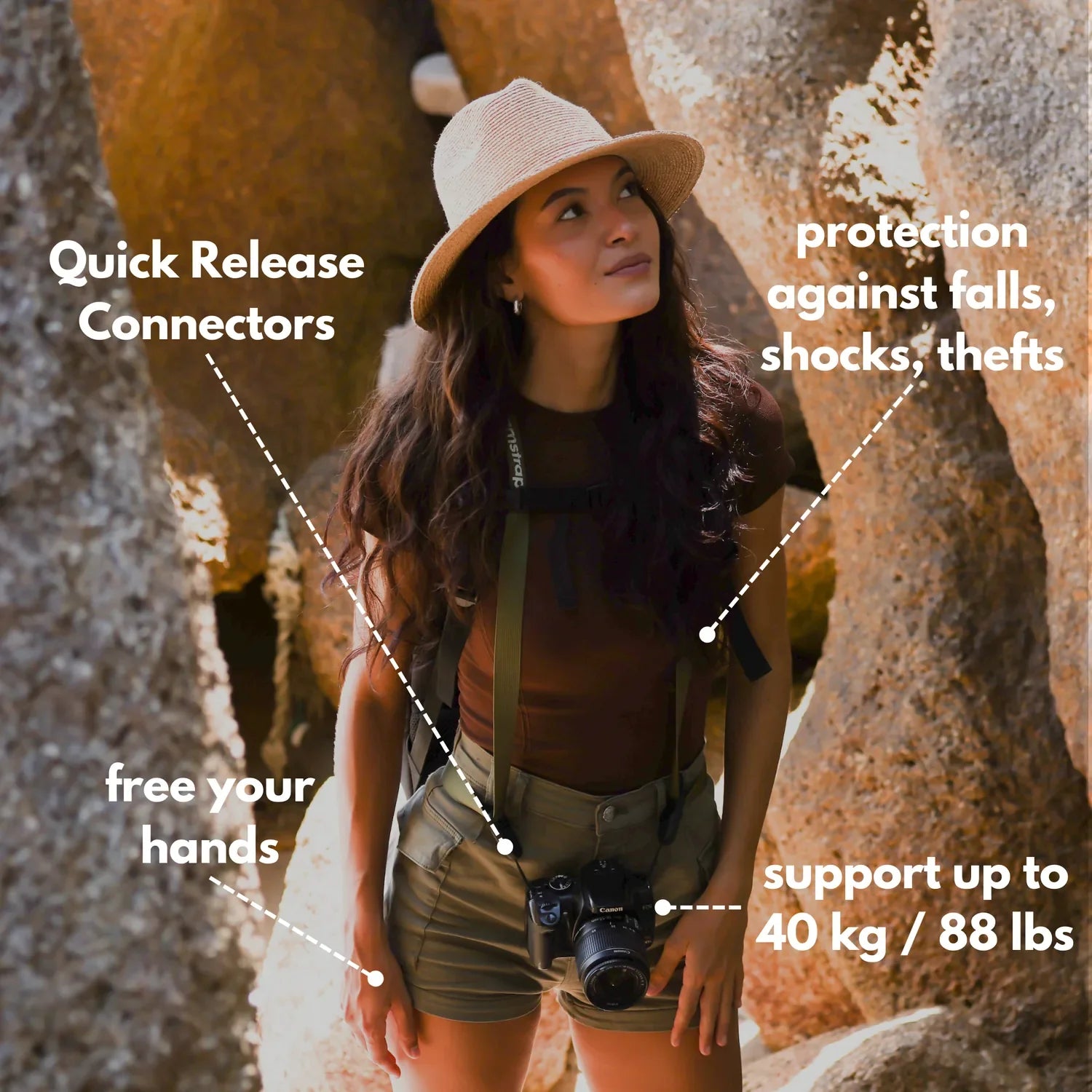 Camstrap Voyager hands-free camera strap worn across the torso, holding a DSLR close to the body.