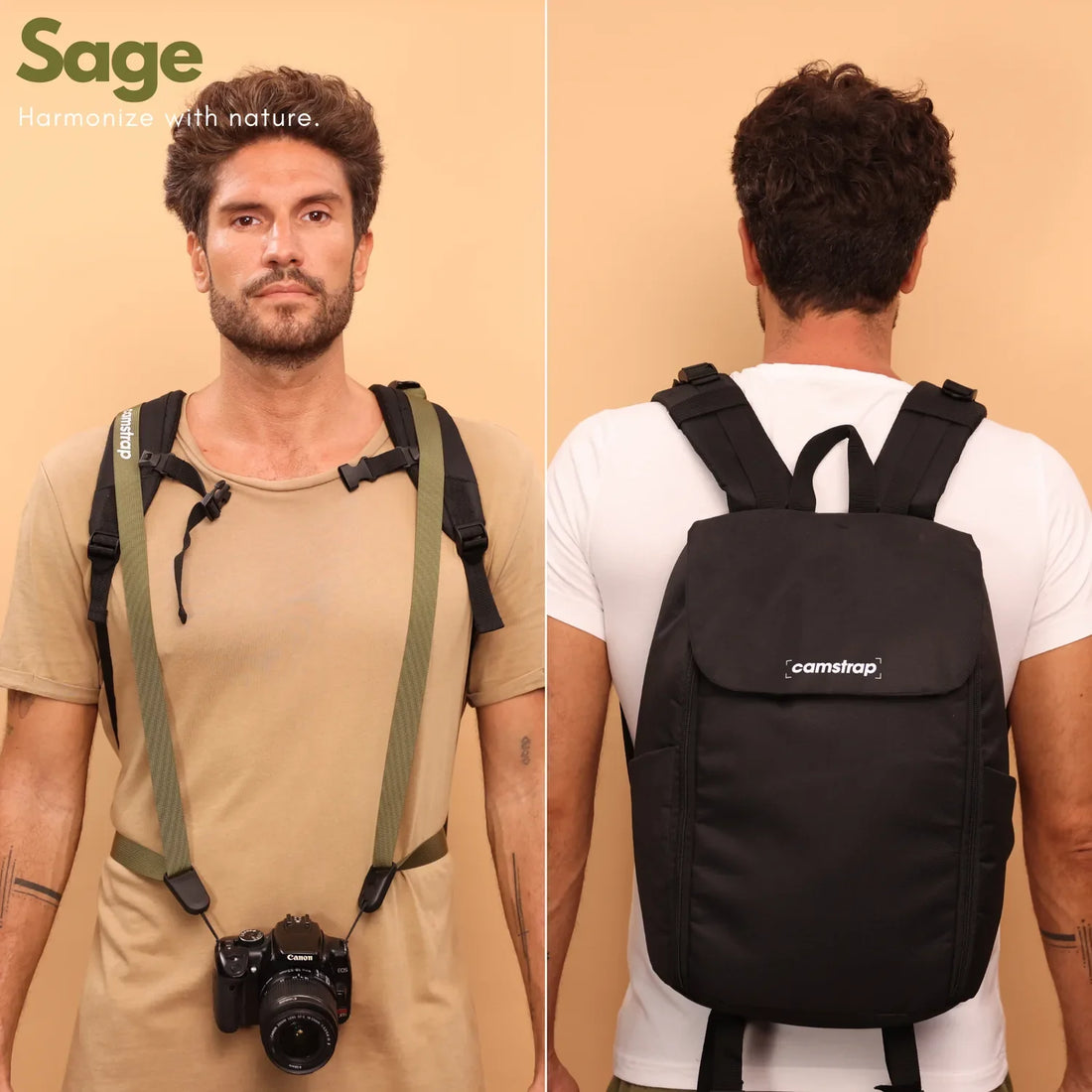 Camstrap Nomad 20L hands-free photography backpack worn on one shoulder with a DSLR clipped to the strap.