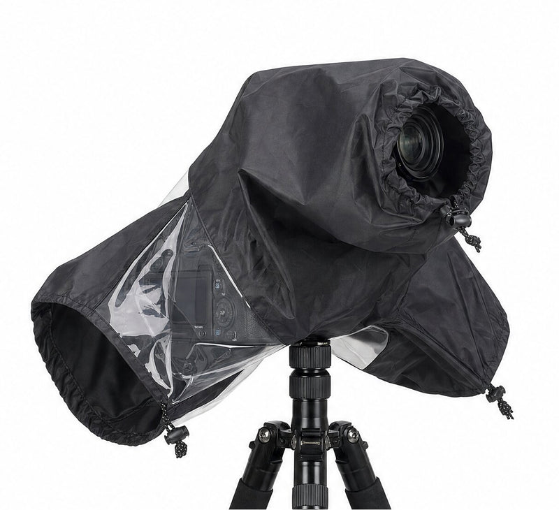 Camstrap Vision Shield rain cover on camera and tripod, front