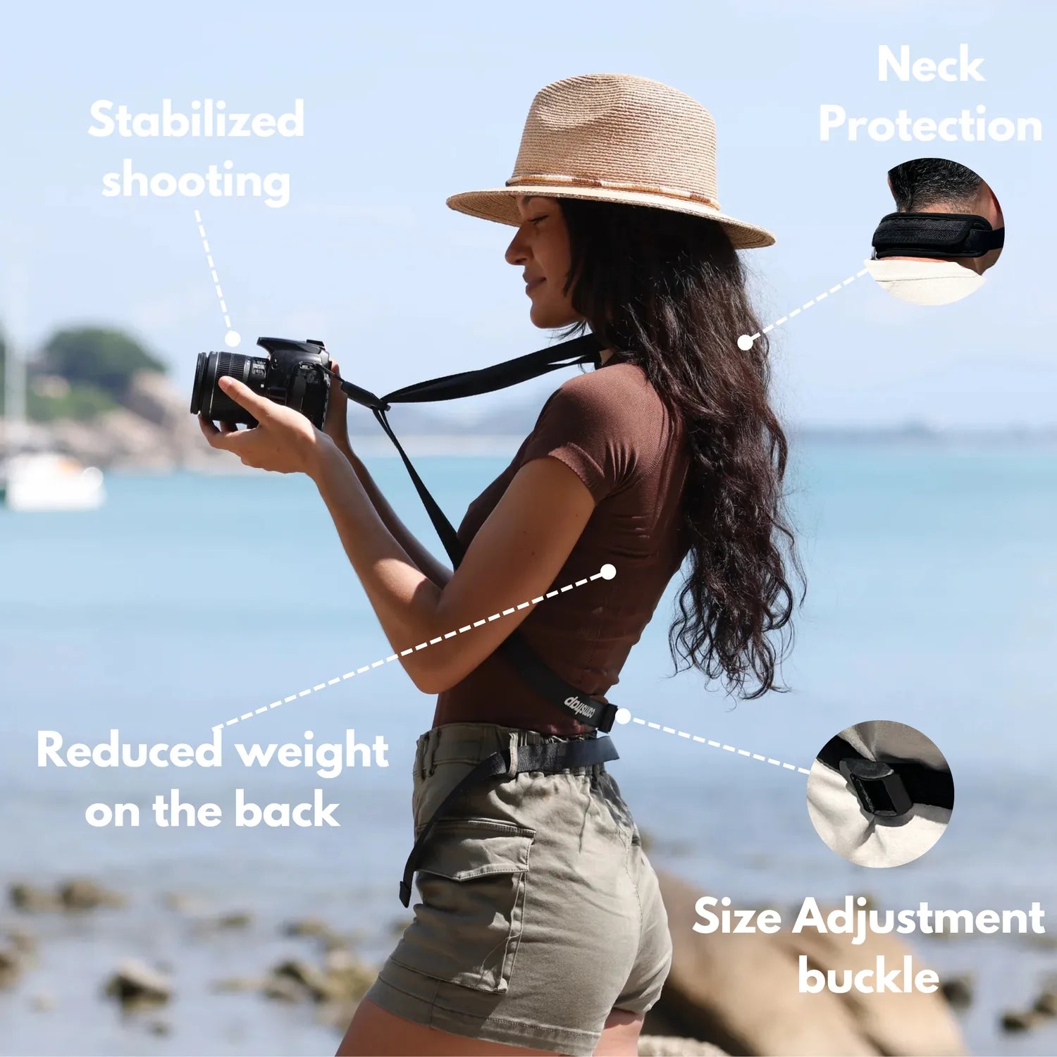 Camstrap Voyager hands-free camera strap worn across the torso, holding a DSLR close to the body.