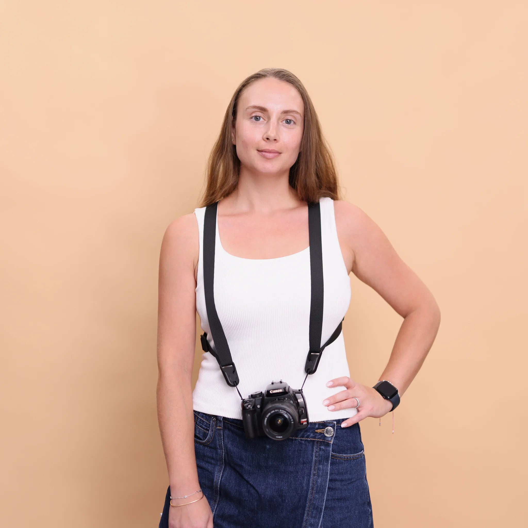 Camstrap Trek harness worn front, shown on a second wearer