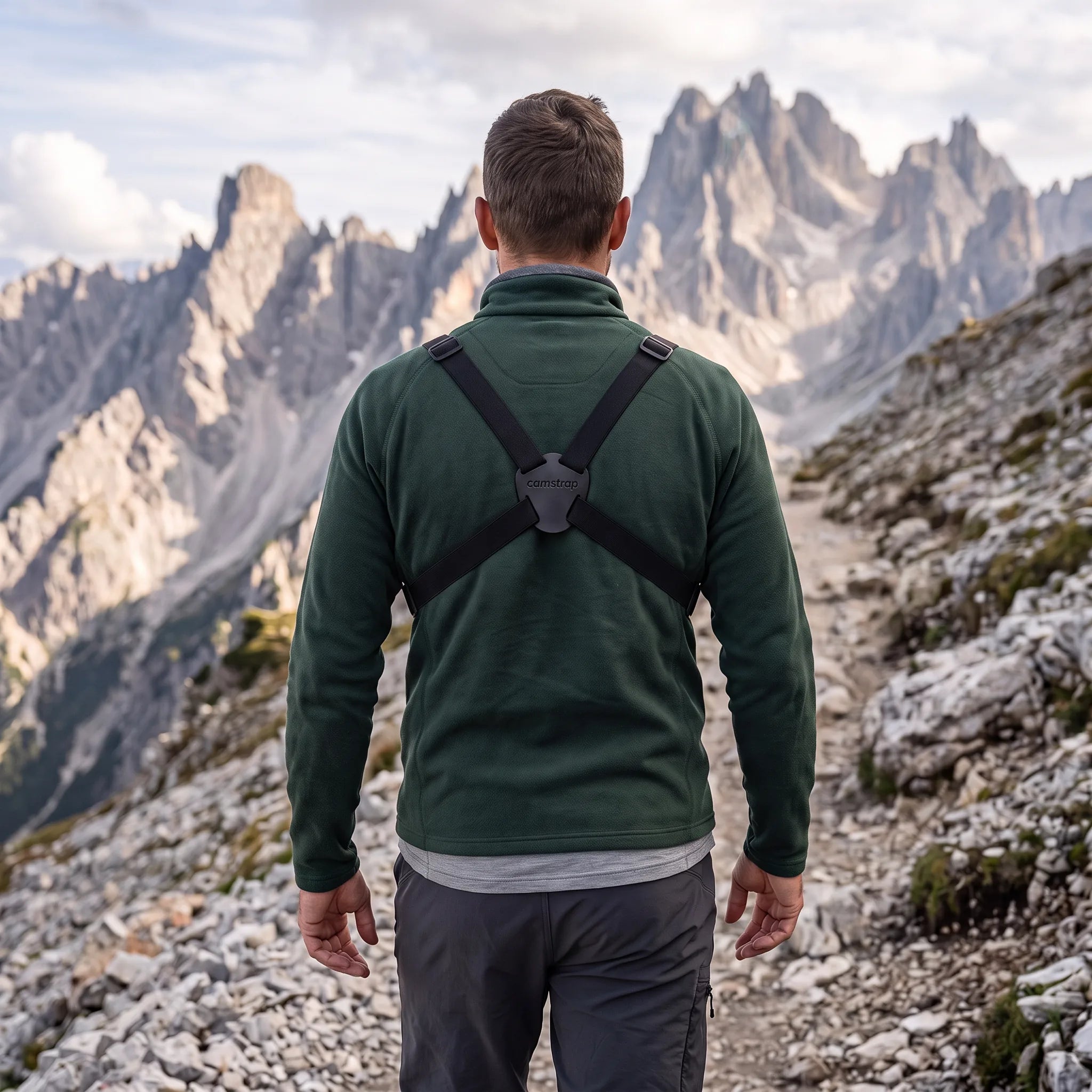 Camstrap Trek X-back seen from behind on the trail