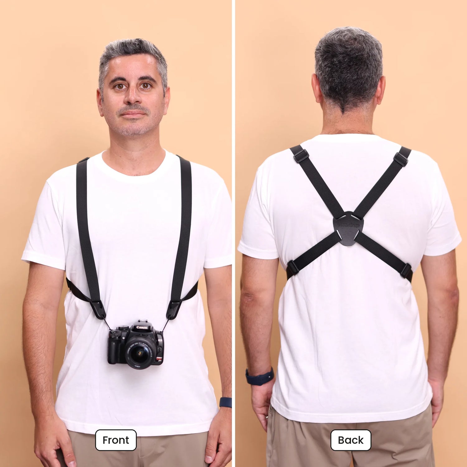 Camstrap Trek seen from the front and the back, showing the X-back yoke plate