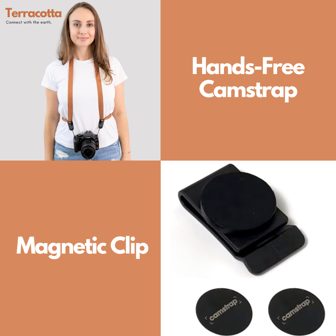 Camstrap - Sangle mains-libres pour appareil photo + Clip Magnétique Camstrap pour Cache-Objectif