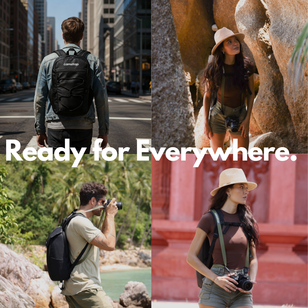 Sac à dos photo Camstrap Satellite ultraléger pliable, partiellement replié, à côté de sa pochette taille paume.