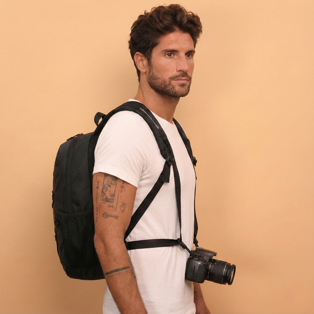 Sac à dos photo Camstrap Satellite ultraléger pliable, partiellement replié, à côté de sa pochette taille paume.