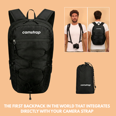 Camstrap Satellite ultralight foldable camera backpack, partially folded, shown next to its palm-sized pouch.