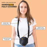 Camstrap Omni Shield worn hands-free — camera fully covered and ready