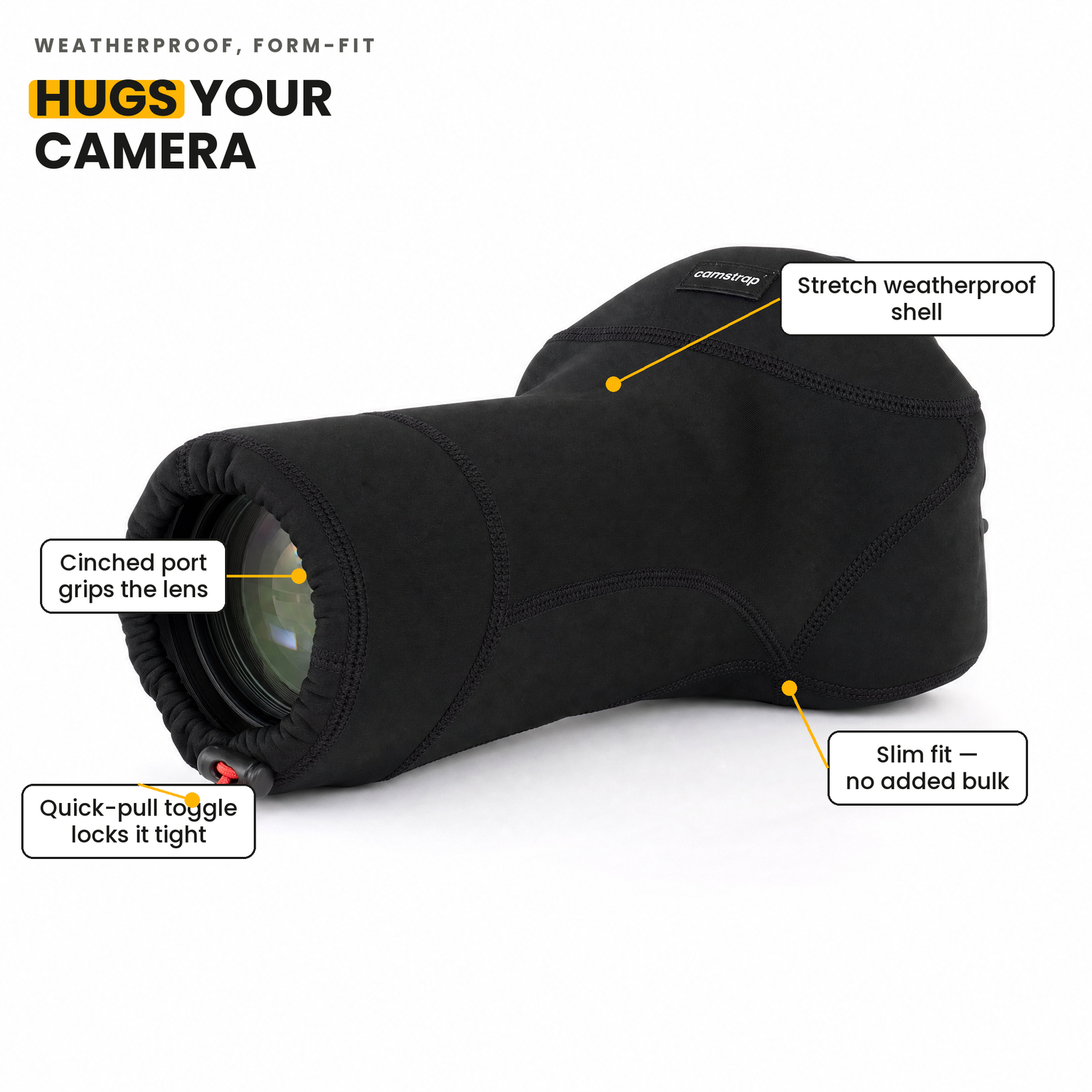 Camstrap Omni Shield — features: stretch shell, cinched lens port, slim fit