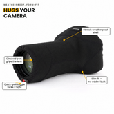 Camstrap Omni Shield — features: stretch shell, cinched lens port, slim fit