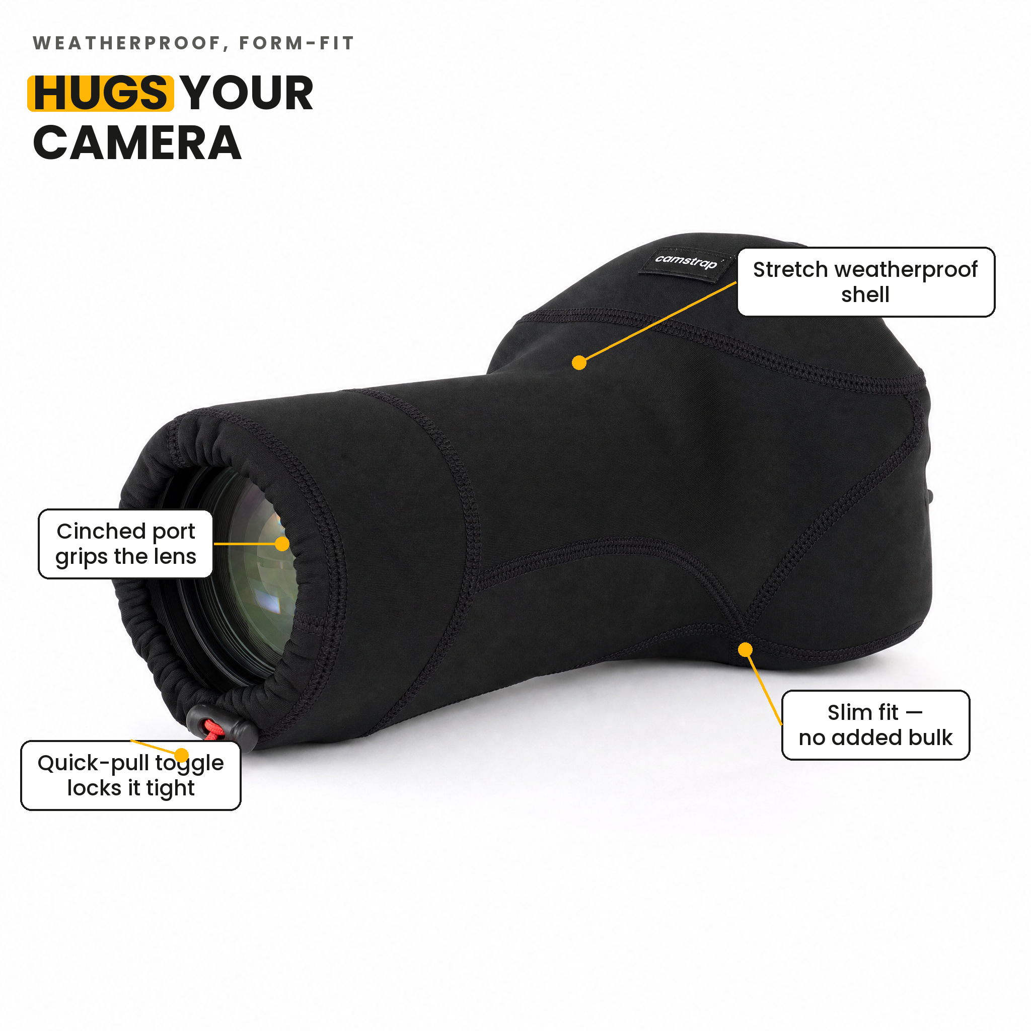 Camstrap Omni Shield — features: stretch shell, cinched lens port, slim fit