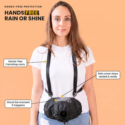Camstrap Vision Shield worn hands-free — protected and rain-ready