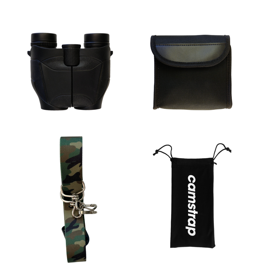Black Hands-Free Binoculars - Ultra-light and compact high quality binoculars for adults and children with Camstrap hands-free strap 